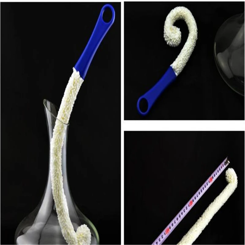 Blue Handle 42cm Wine Decanter Cleaning Brush Flexible Sponge Roll Head Multifunctional Red Wine Glass Bottle Washing Accessory