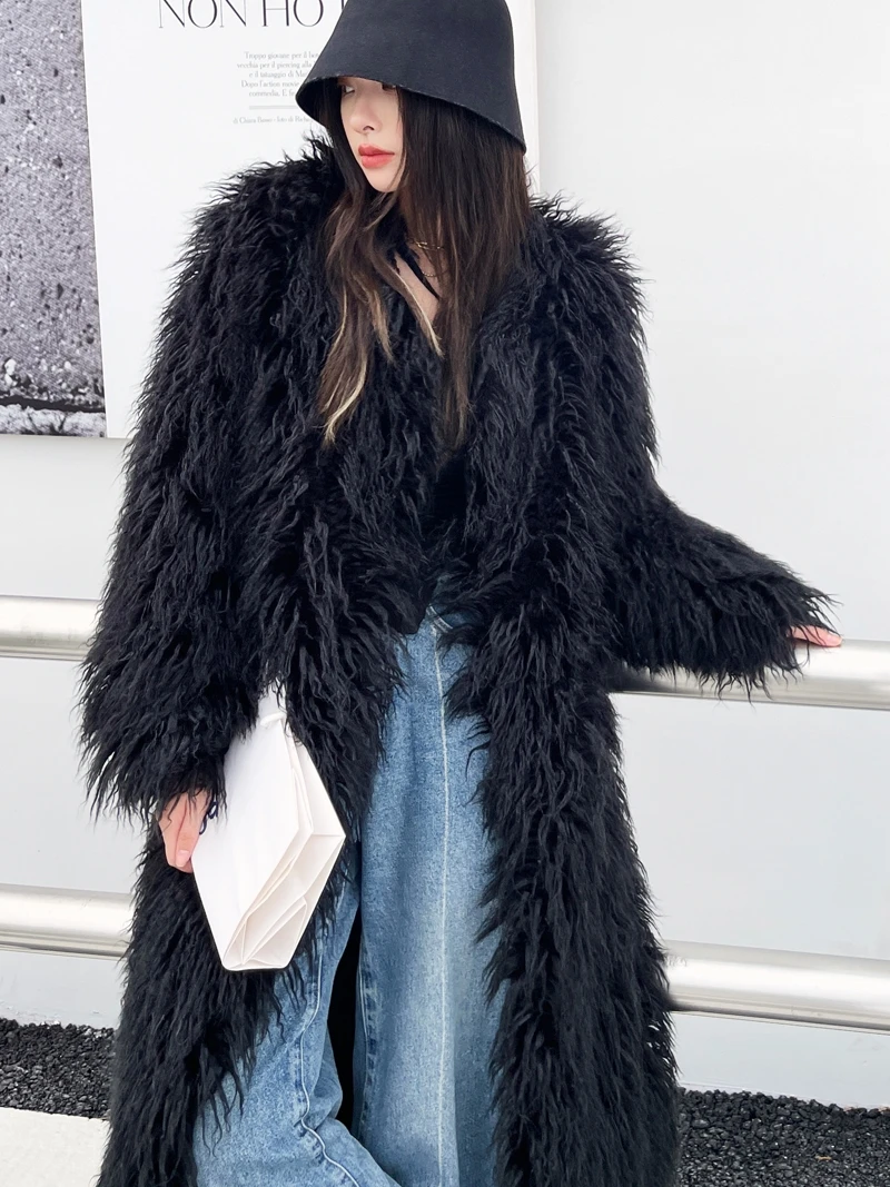 Female Fashion Black Faux Fur Coat Peplum Hem Long Jacket Lady Shaggy Outerwear Women\'s Winter Clothing Promotion