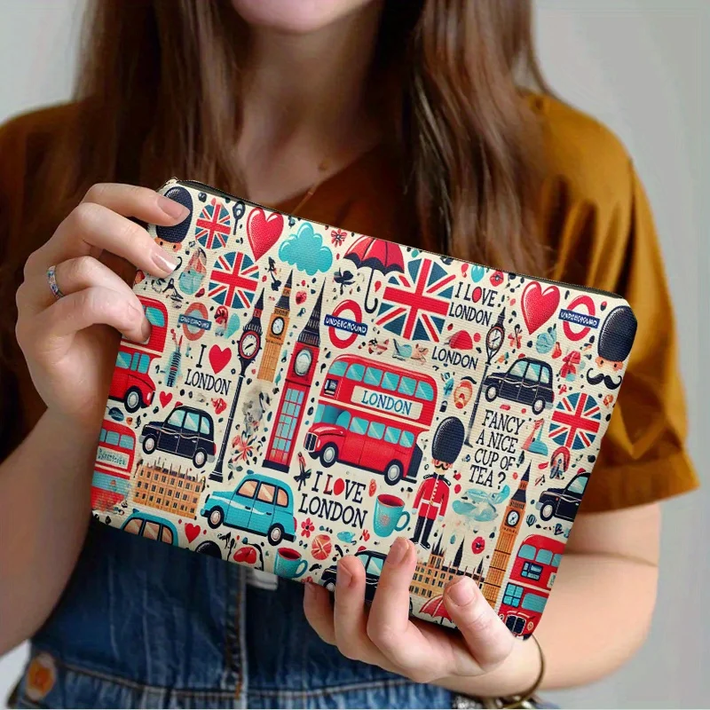 1pc British-Themed Printed Cosmetic Bag - Durable Anti-Fade Zipper Pouch, Portable Multi-Purpose Storage for Makeup