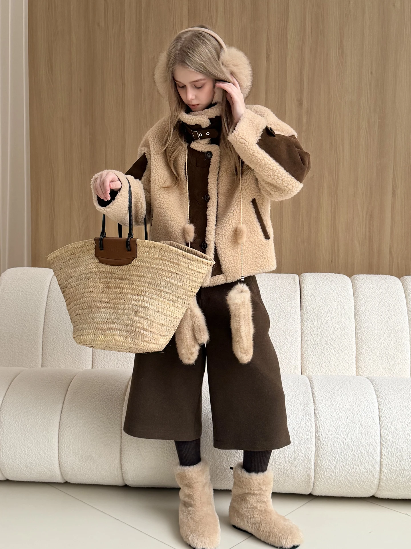 

Nordic Cisas Sle Warm Real Lamb Fur Suede Coat ort Loose Fit Long Sve Women's Daily Wear Animal Pattern Wool Leather