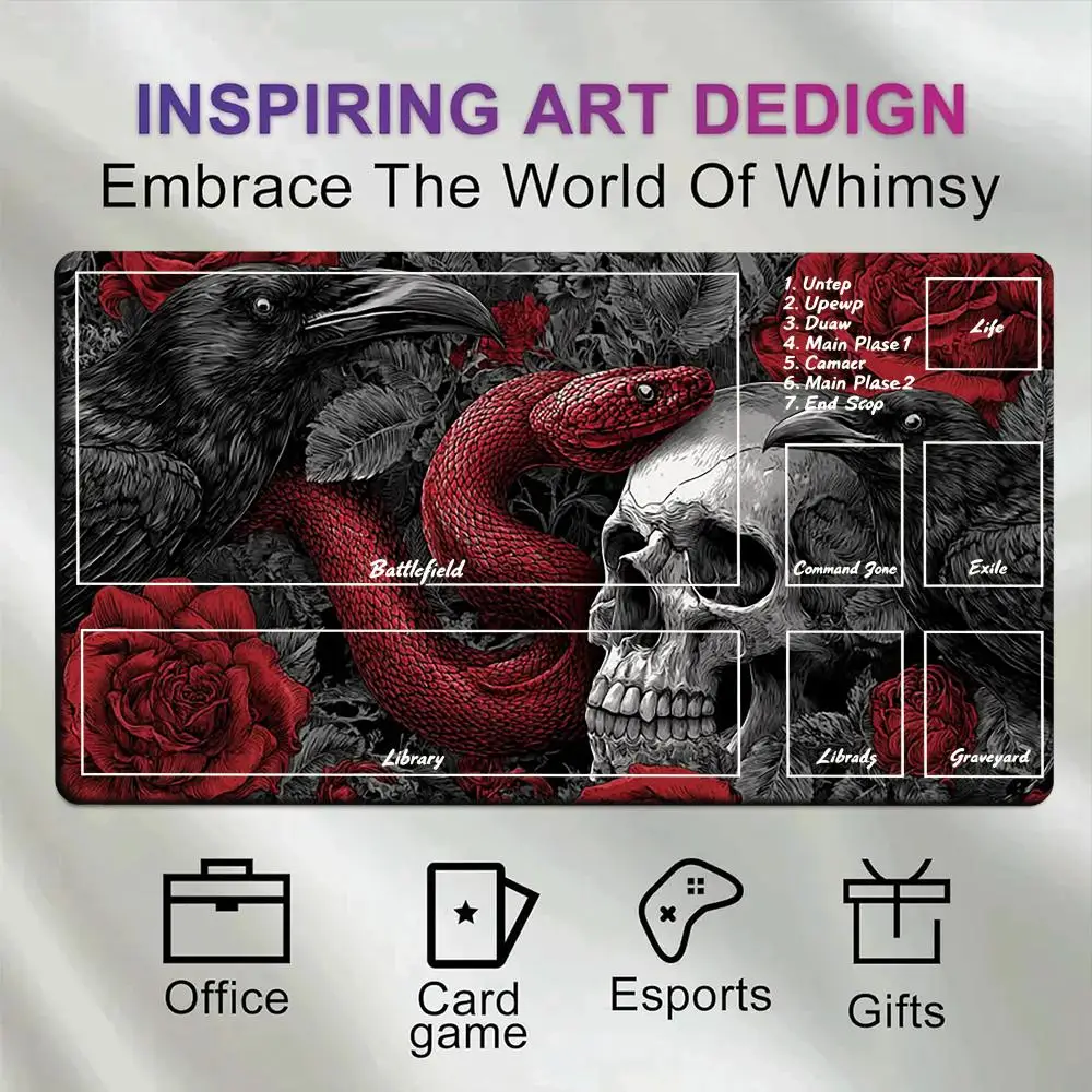 Skull Raven Snake Red Rose MTG Commander TCG Playmat With Full Printed Zones Non-Slip Rubber Table Mat for Magic The Gathering
