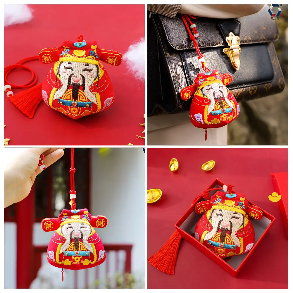 

God of Wealth Pendant Red Sachet Chinese Decorations Tassel Necklace Bead Storage Pp Cotton Filling Handmade Unique Design Car