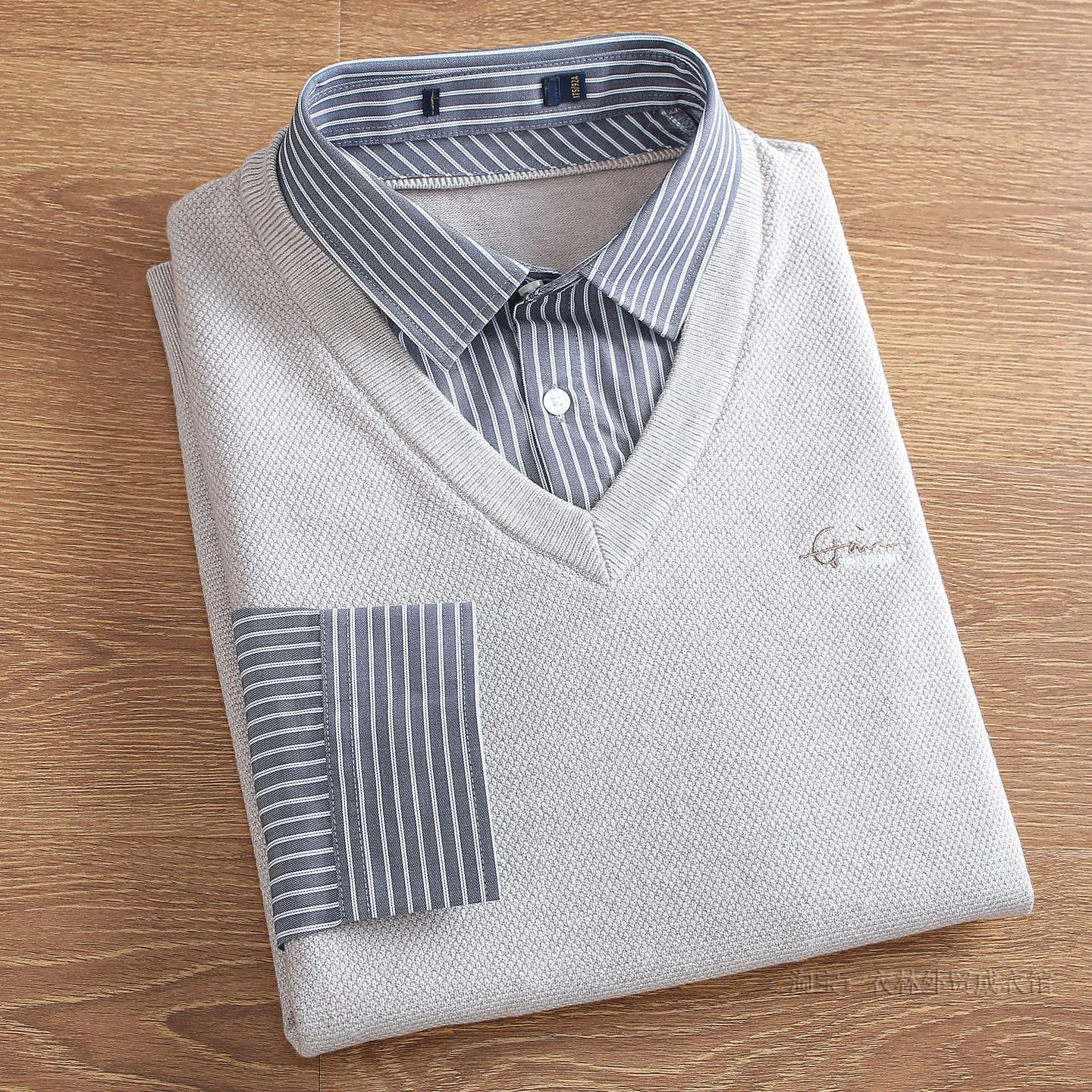 

Мужской повседневный свитер с воротником-поло в полоску, термовязаный, осенне-зимний, имитация двухслойности, удобный для повседневной носки