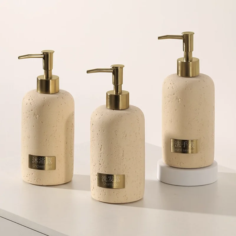 Soap Dispenser with Label, Bathroom Counter, Wind Tunnel Stone Lotion Bottle, Home Decoration, Storage Room, Travertine, Tray