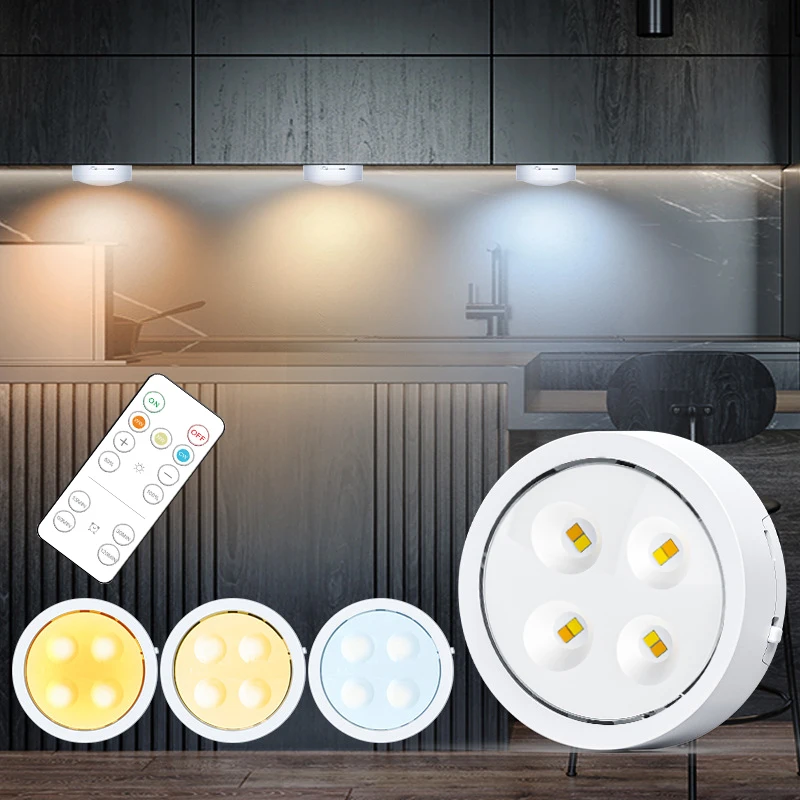 3 Colors LED Under Cabinet Light Wireless Dimmable Battery Powered Puck Night Lamp for Kitchen Bedroom Wardrobe Touch Light