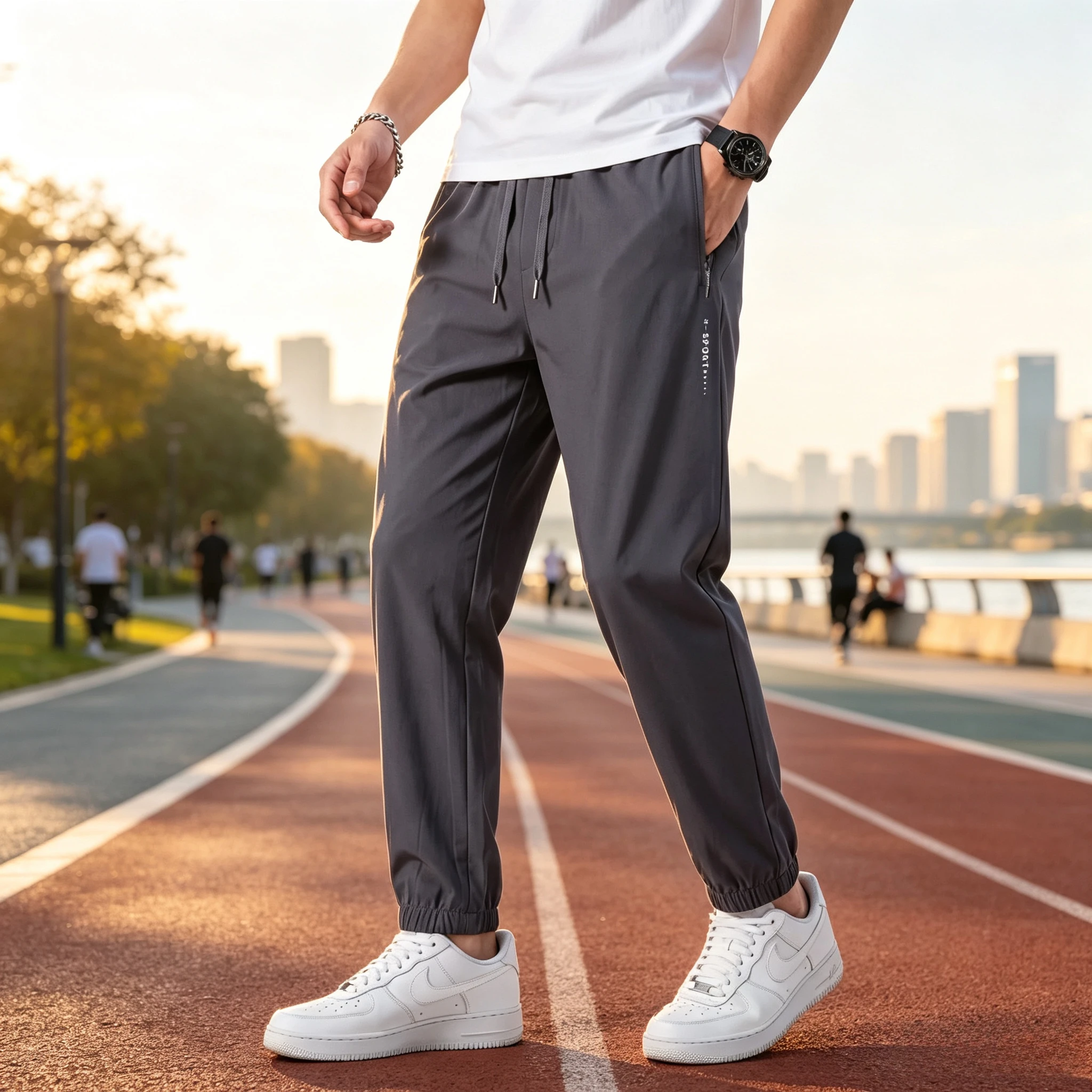 2026 New Men's Casual Pants Drawstring Ankle Tied Minimalist Trousers Lightweight Autumn Spring Daily Wear Black Dark Grey Khaki