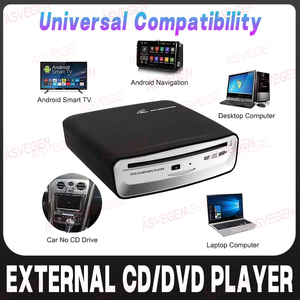 Reproductor de DVD Externo Universal para Automóvil, Conexión USB Plug and Play para Radio Android, Monitor, Laptop, Disco, Reproductor de CD de Video Multimedia
