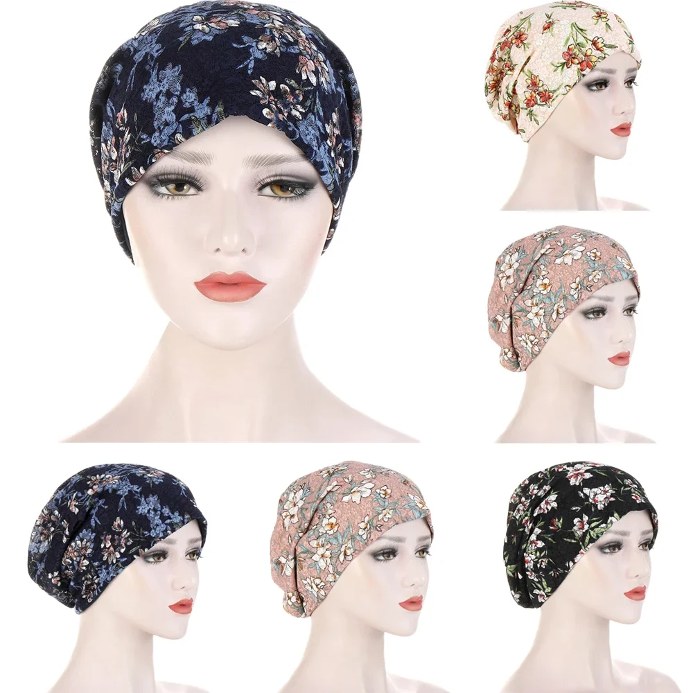 

2025 Women Print Muslim Turban Caps India Hat Stretch Lace Hijab Scarf Ruffle Cancer Chemo Beanie Headscarf Hair Loss Head Wrap