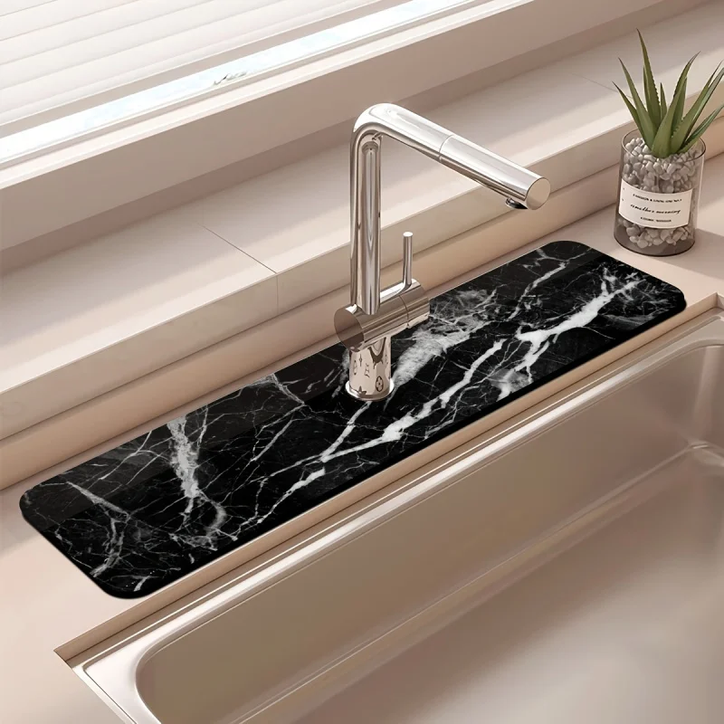 VIKAMA Black Marble-Patterned Sink Mat | Kitchen Faucet Splash Guard | Quick-Drying, Non-Slip Countertop Drain Mat