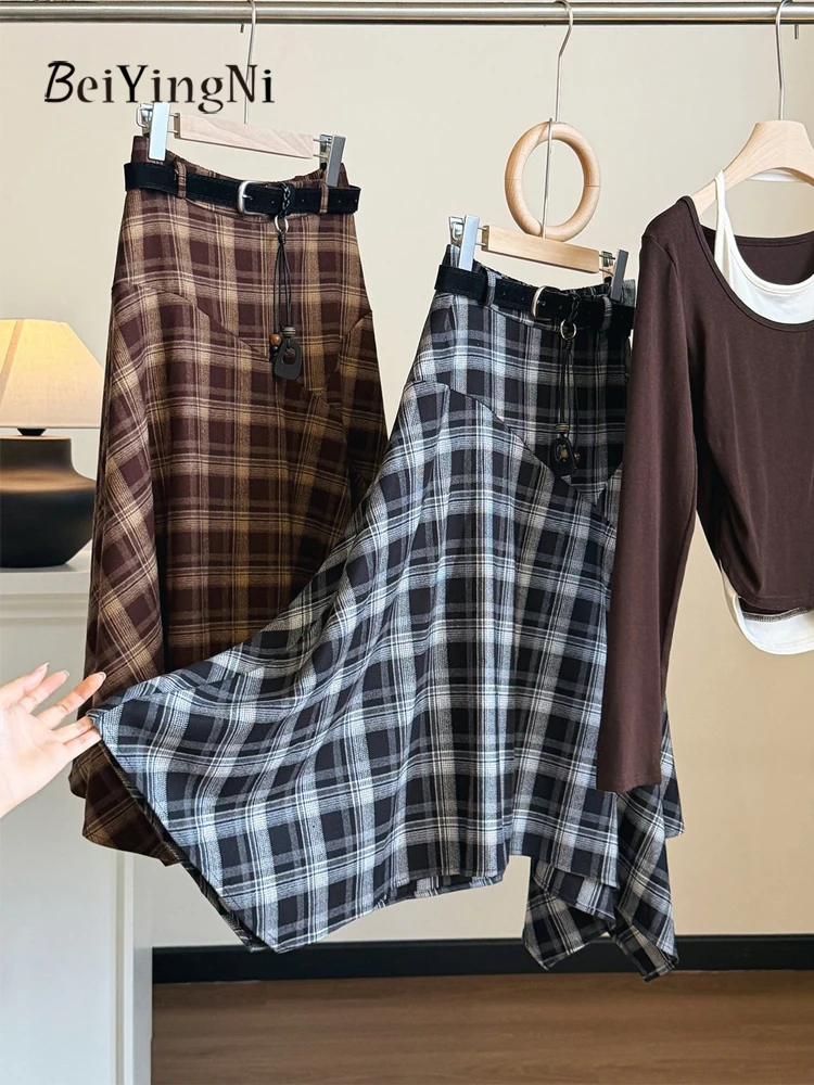 Beiyingni Irregular Casual Midi Skirts Women Plaid Street Harajuku A-line Skirt Female Patchwork Commute Youthful Faldas Belted