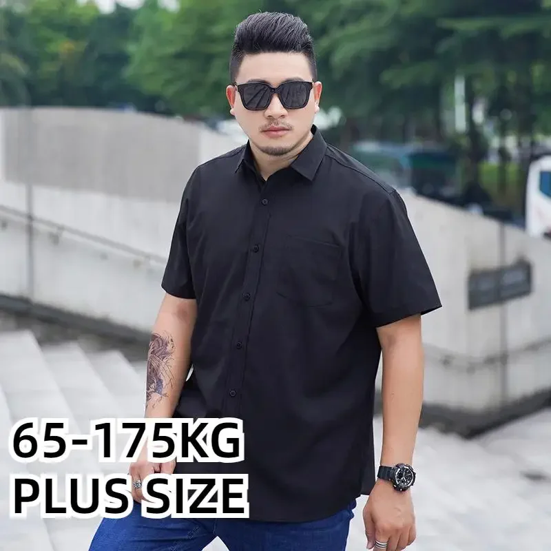 

(65-175kg)Plus size men's short sleeve pocket big size shirt large business summer Lapel shirt black and whit