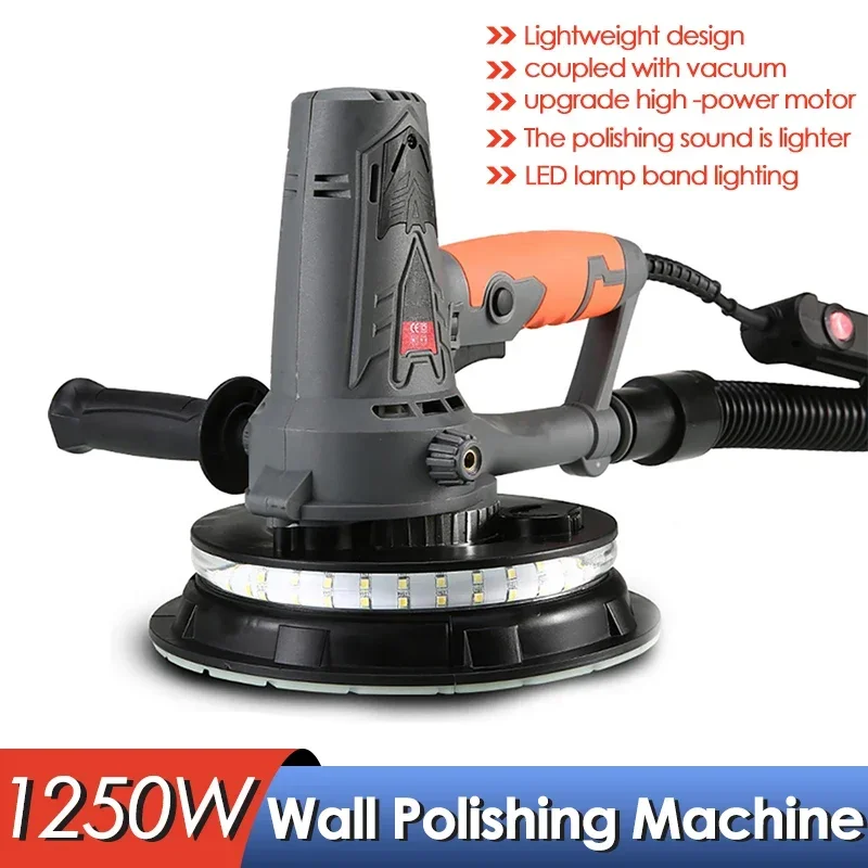 Drywall Sander with Vacuum Compact Wall Polishing Machine Grinding 220V 1250W Portable Led Light Wall Putty Polisher Machine