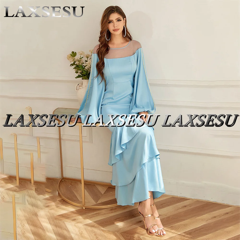 Laxsesu Blue Dubai Prom Dress Simple increspato o-collo abito da sera con cerniera sul retro 2022 abito lungo da festa con maniche lunghe e gonfie