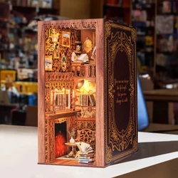 DIY Estante De Madeira Kit Com Luz Bookends, Livro Nook, Inserir Dollhouse, Kits De Construção Em Miniatura, Estante 3D, Presente De Natal