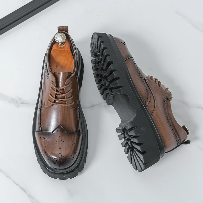 5cm Soft Chunky Sole Men's Derby Dress Shoes Pu Leather Brogues Wingtip Oxfords Style Casual Business Elevator Shoes Modern Man
