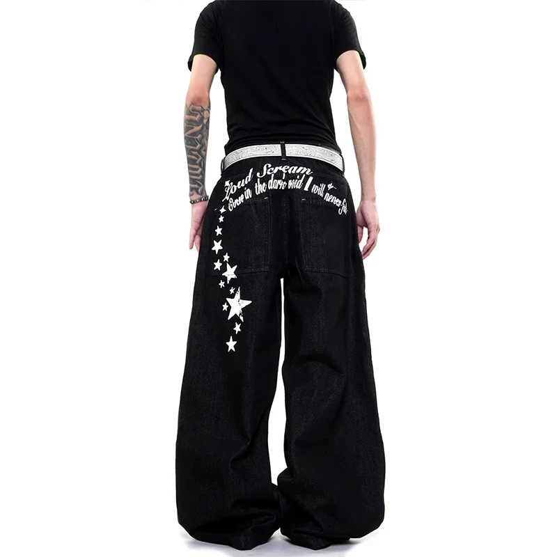 2026 American Retro Y2K Star Print Baggy Jeans High Waist Wide Leg Loose Denim Pants Streetwear for Men