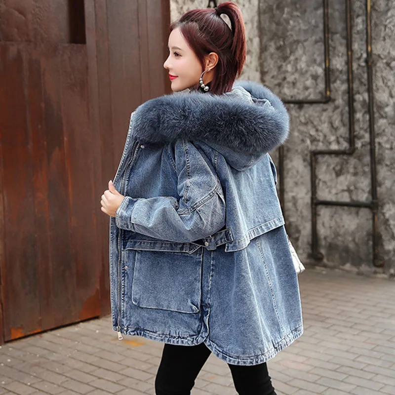 New 2025 Fashion Hooded Big Fur Collar Denim Jacket Women Casual Warm Mid-length Coat Denim Outerwear for Women Denim Street Top