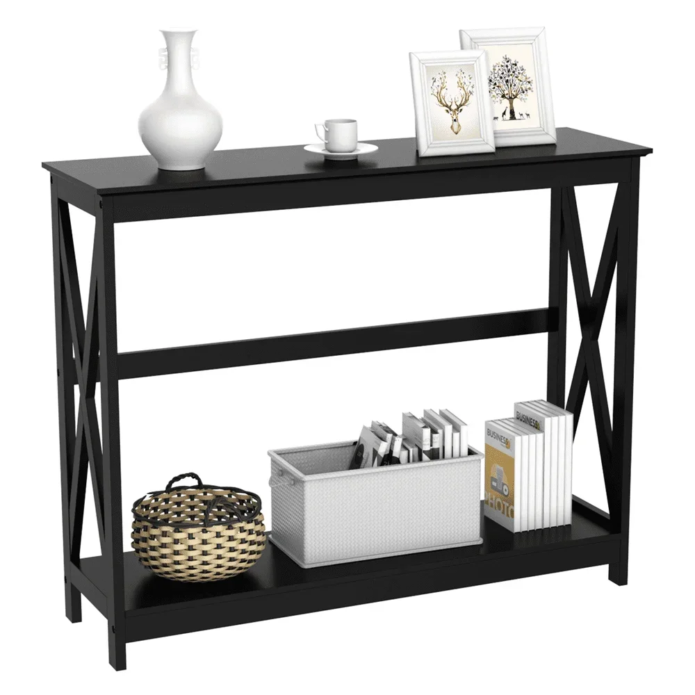 

2-Tier X Design Wood Console Table with Shelf, Black