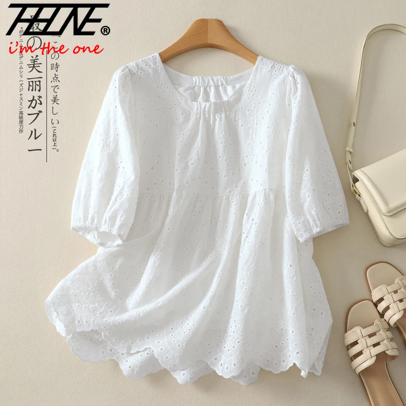 THHONE ฤดูร้อนเสื้อผ้าสตรีเสื้อ Hollow Out เย็บปักถักร้อย Vintage Pullover แขนสั้นสบายๆเกาหลีเสื้อหลวม
