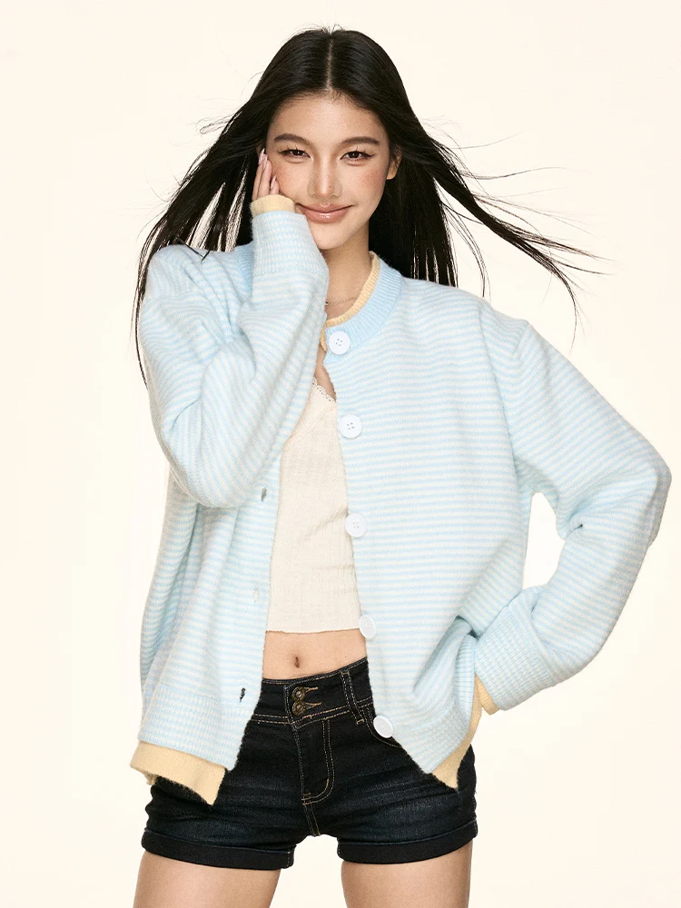 

Aaisup American Sle, повседневный полосатый вязаный открытый кардиган, женский осенне-зимний мягкий уютный свитер, джет, свободный крой, круглый вырез...