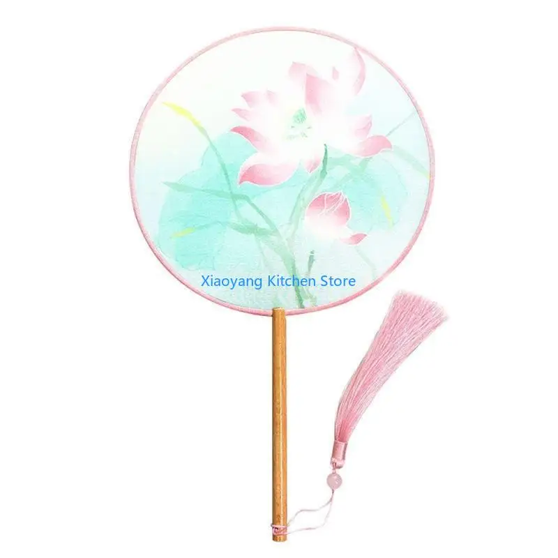 69HC Chinese Antique Translucent Handheld Round Circular Fan Vintage Lotus Flower Print Dancing Paddle Hand