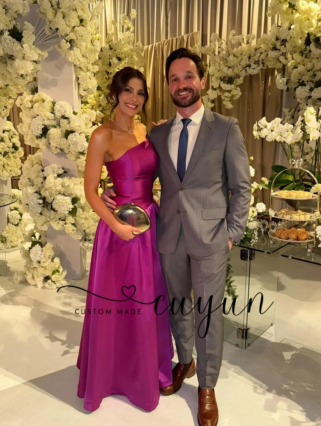 CUYUN Sukienki wieczorowe damskie na zamówienie, satynowe, w kolorze fuksji, bez ramiączek, o kroju litery A, do ziemi, na studniówkę, przyjęcie, kolację, vestidos de fiesta