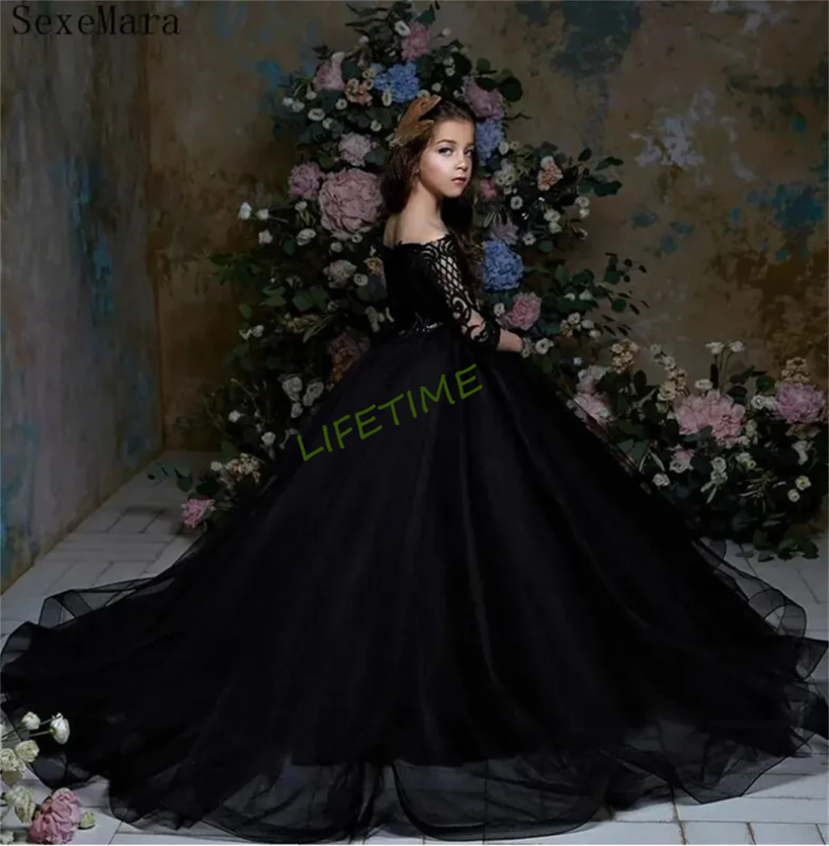 

Black Party Dresses for Girls Half Sleeves Puffy Ball Gown Vestido De Fiesta Nina Lace Flower Girls Dresses 2-16 year