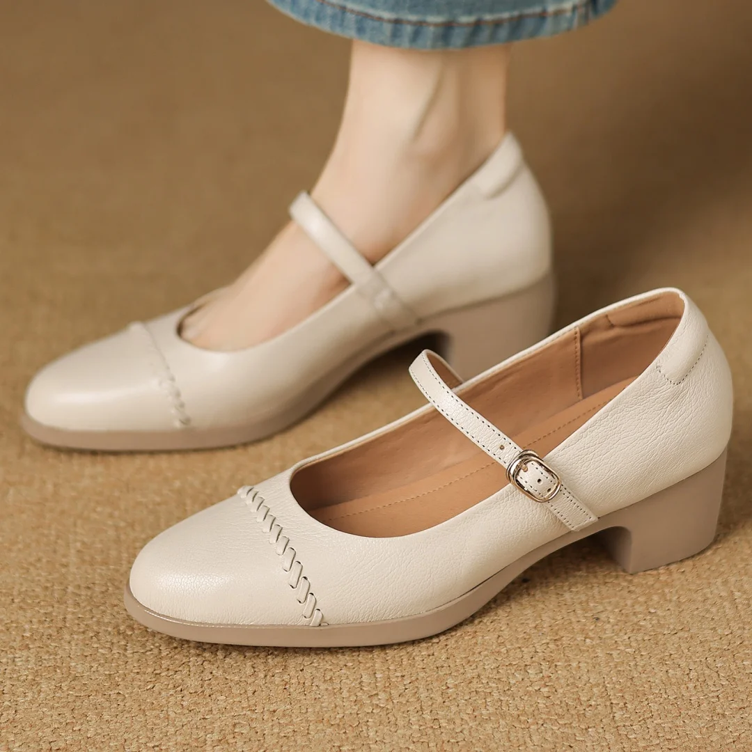 

Women's sheepskin round toe metal buckle slip-on Mary Jane pumps 4.5cm thick med heel casual female OL style heeled shoes woman
