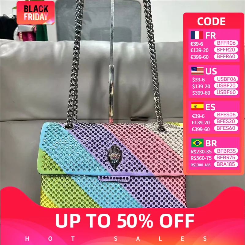 Chic Fabric Women Bag Luxury Crystal Embellishments Quilted Pattern Rainbow Patchwork Metal Icon Logo Joint Purse