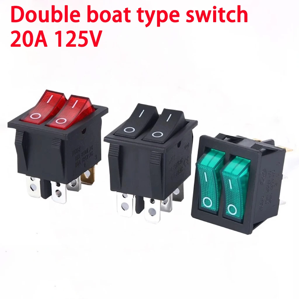 5/20PCS KCD3 Double Boat Rocker Switch Toggle 6 Pin On-Off With Green Red Light 20A 125VAC 16A 250V Power Dual Push Button KCD6