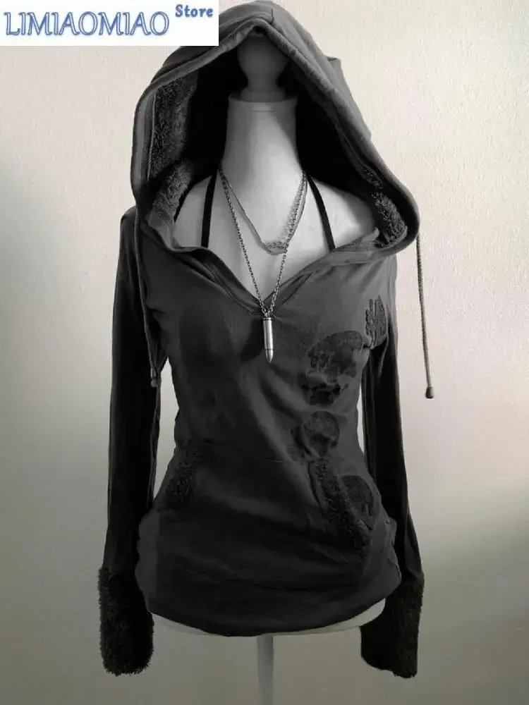Gothic Grunge Clothes American Vintage Original Gray Lambswool Hooded Sweatshirt Print Slim Spring Autumn Top Hoodie Women Tops
