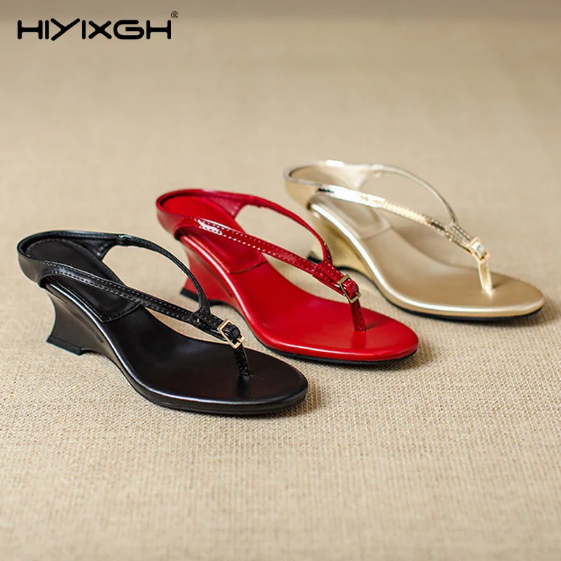 

Round Clip Toe Women Slippers 6cm Wedges High Heels Summer Footwear Brand Designer Narrow Band Buckle Slides Sandals Flip Flops