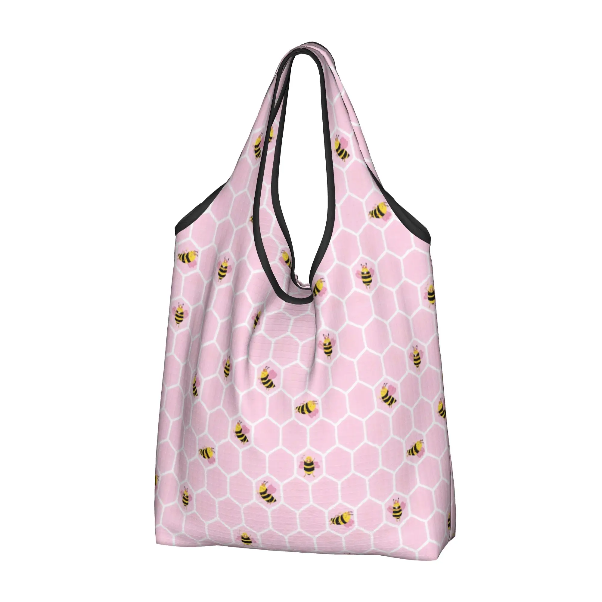 Reusable Hexagon Geometric Bee Comb  Shopping Bag Women Tote Bag Portable Honeycomb Bee Comb  Groceries Shopper Bags
