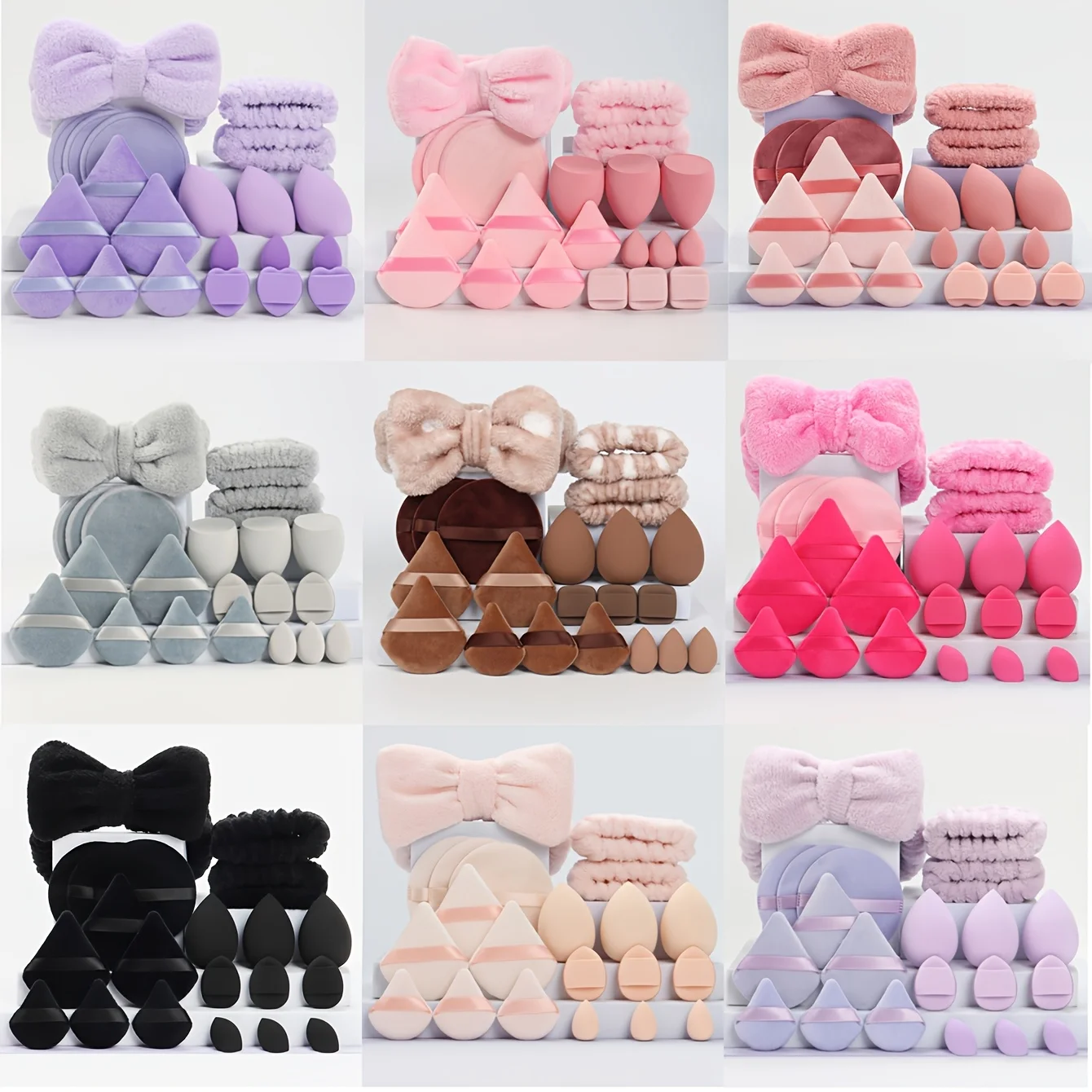 Pink Makeup Tool Set Bow Headband Wrist Bands Beauty Sponge Blender Velvet Powder Puff Cosmetic Kit