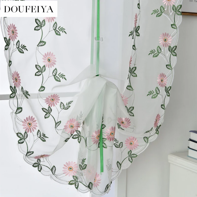 Pink Curtains for Living Dining Room Bedroom Embroidered Flower Roman Shade Lifting Valance Semi Translucent