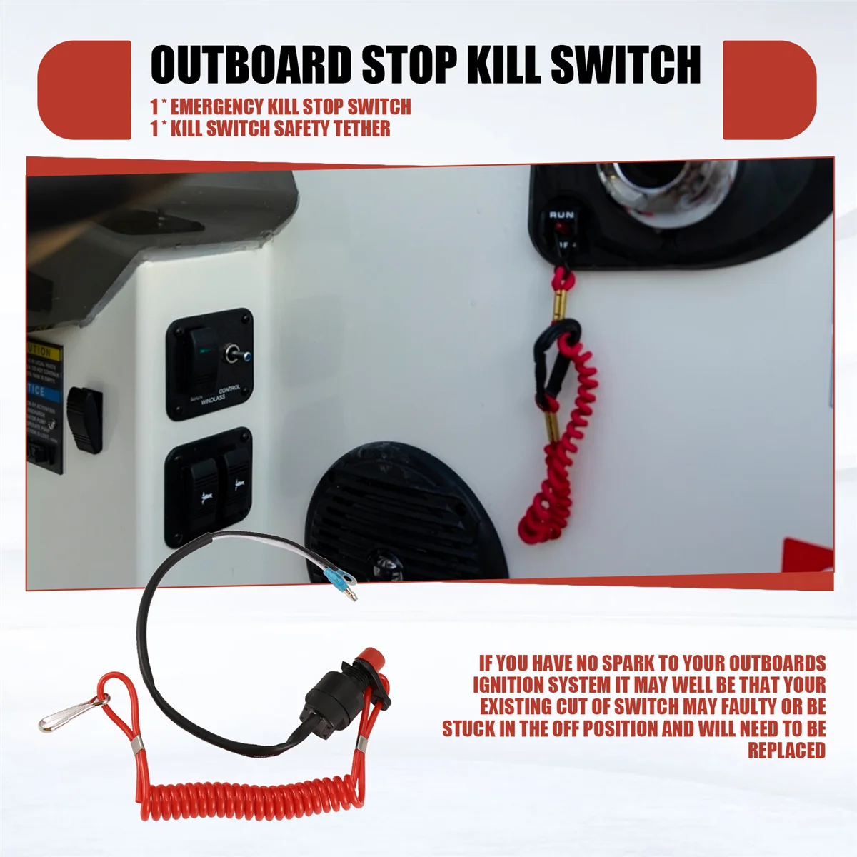 Boat Motor Emergency Kill Stop Switch for Yamaha /Tohatsu Outboard Stop Kill Switch Cut Off Switches with Safety Tether Lanyard