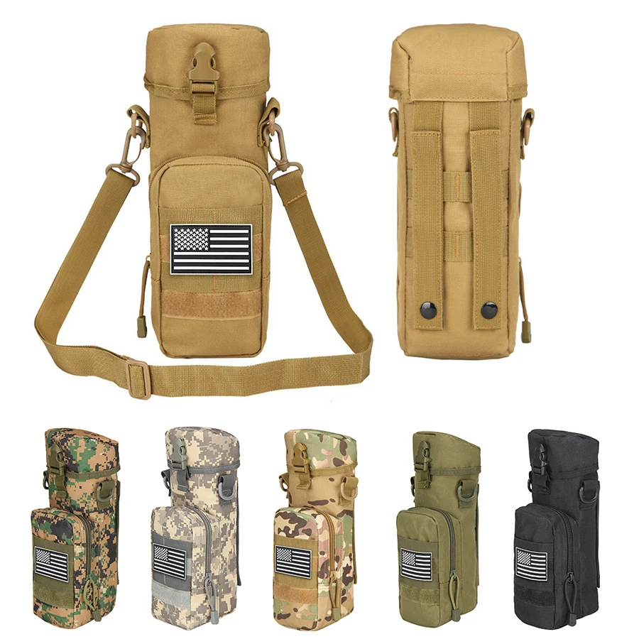 Einseitige Umhängetasche für Sportwasserflaschen mit abnehmbarem zylindrischem Schnallendesign und zusätzlicher Vordertasche.