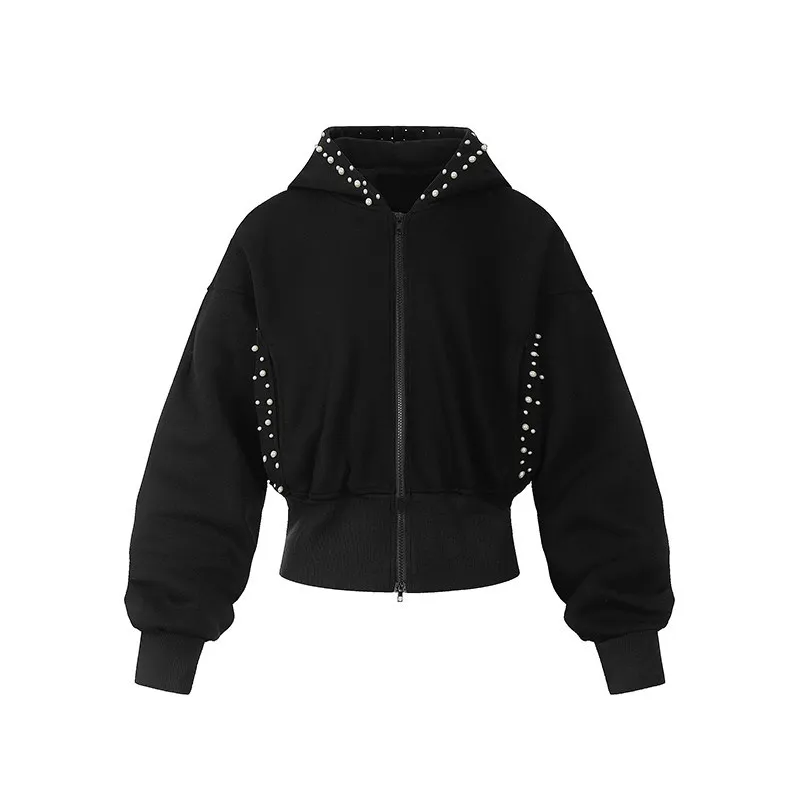 Autumn new black and grey cinched waist short pearl hooded sweatshirt American-style slimming cardigan winter men and women Y2K