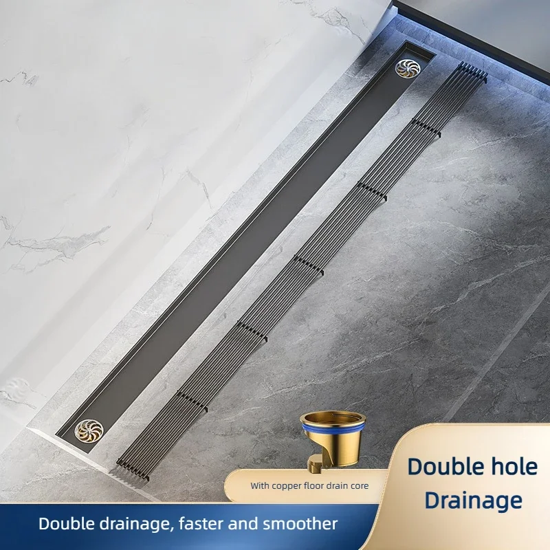 Bathroom Floor Drain Shower Room Long Strip Double-hole Drainage 304 Stainless Steel Gray Displacement Copper Core