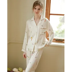 Autumn Childlike Lovely Satin Long Sleeved Pants Pajamas Cartoon Viscose Sleepwear Women Pijama Sexy Mujer 2 Piece Pyjamas
