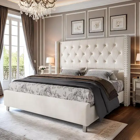 Upholstered Queen Bed Frame with Tall Headboard, Wingback Platform Bed, Low Profile Velvet Tufted Button, No Box Spring Needed