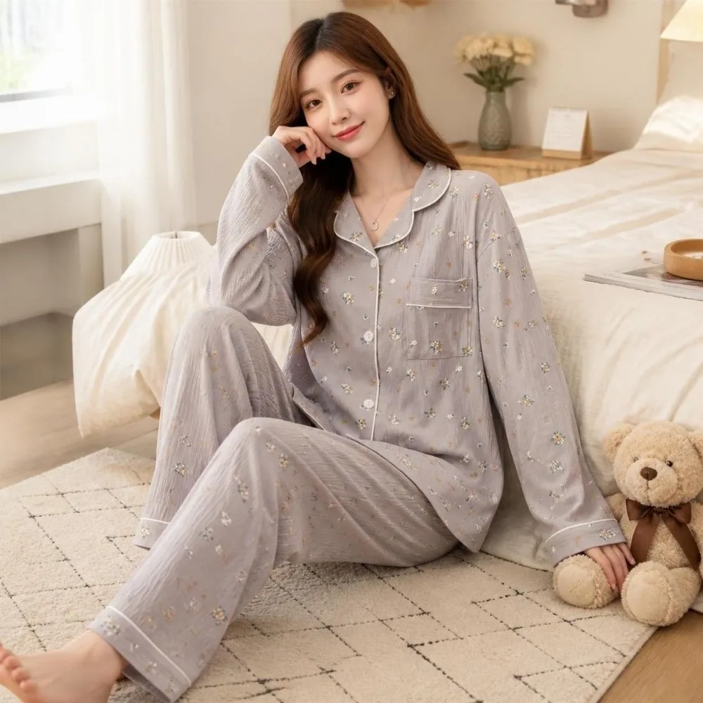 Comfortable Leopard Long Pajama Set Bear Floral Women's Loungewear Bow Homewear Lady Nightwear Suit Four Seasons