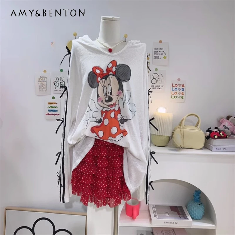 Korean Style 2024 New Top Pullovers Cartoon Printed Bow Hooded Sun Protection Long Sleeved O-neck T-shirt Women's Kawaii Clothes