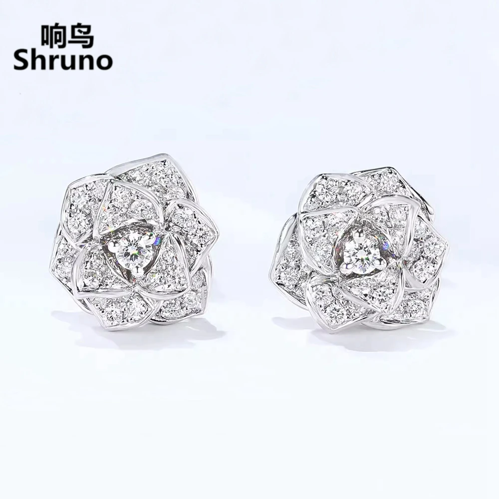 Shruno Solid 14k au585 White Gold Beautiful Natural Diamonds Stud Earrings Flower Elegant Women Trendy Fine Jewelry Handcrafted