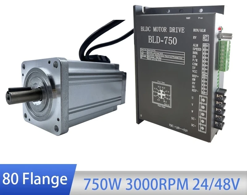 NEMA BLDC 80mm Brushless Motor with BLDC-750 Driver 48V 750W 3000rpm Square Flange 80mm Body Length 145mm