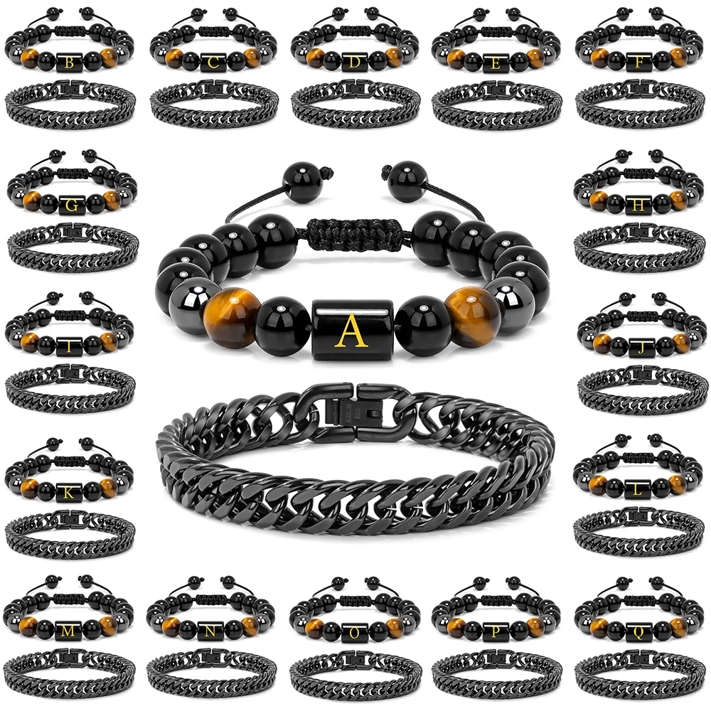 2 قطعة/المجموعة 26 حرف الحجر الطبيعي الرجال أساور عين النمر الهيماتيت سوار الطاقة الأسود التيتانيوم الصلب سوار الإسورة مجوهرات #1
