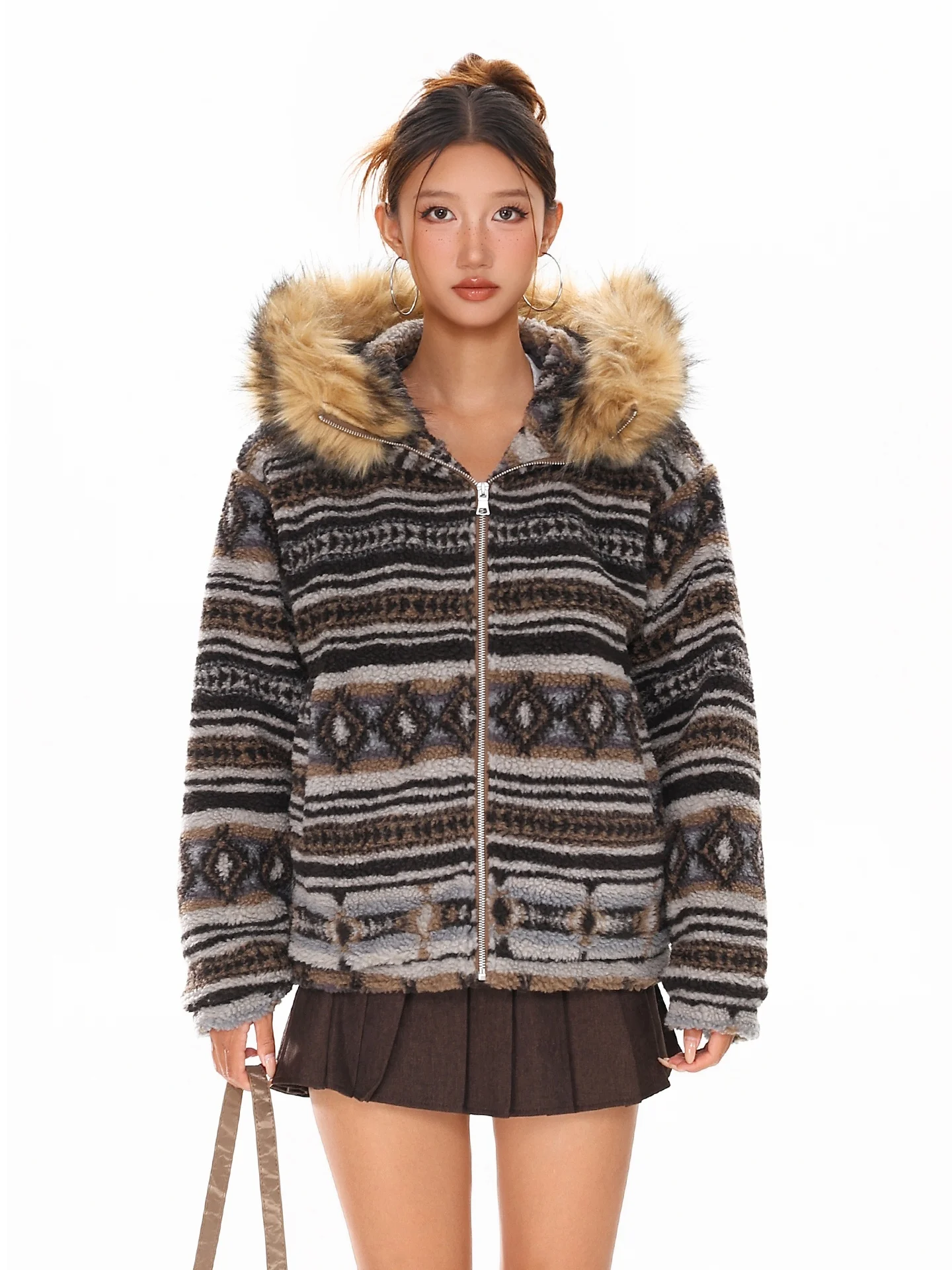 

Retro Spliced Lamb Fur Hooded Cotton Jaet Women's Winter Casual Versatile Cotton Coat Outerwear Tagkita Brand Commute Sle