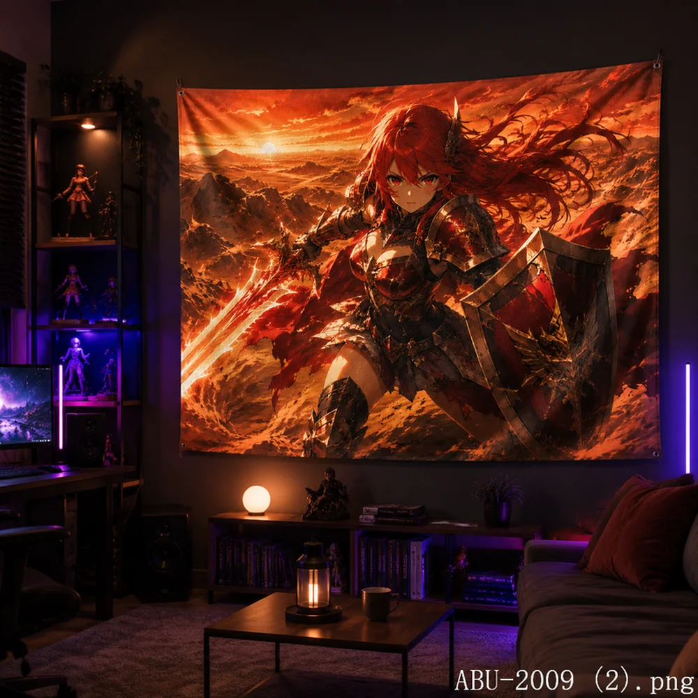 VIKAMA Dark Anime Warrior Tapestry, Red and Black Color Scheme, Intense Battle Scene Wall Art for Gaming Room Decor