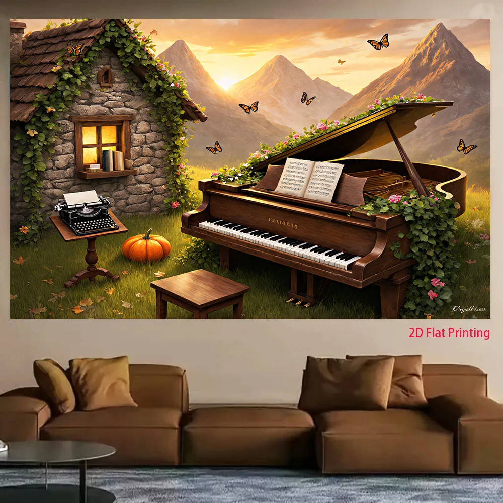 Vintage Piano Cottage Tapestry, Fantasy Music Landscape Wall Hanging, Artistic Decor for Living Room Bedroom Studio