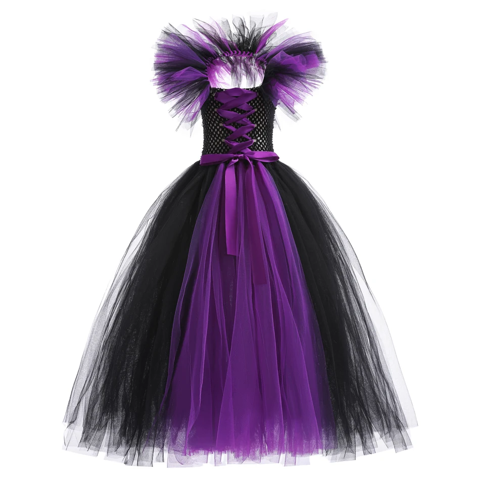 Schwarzes und Lila Hexenkostüm für Mädchen, Langes Tüllkleid mit Rüschen, Schulterfreies Maleficent-Cosplay-Outfit für Kinder zu Halloween und Karneval – Detail 6